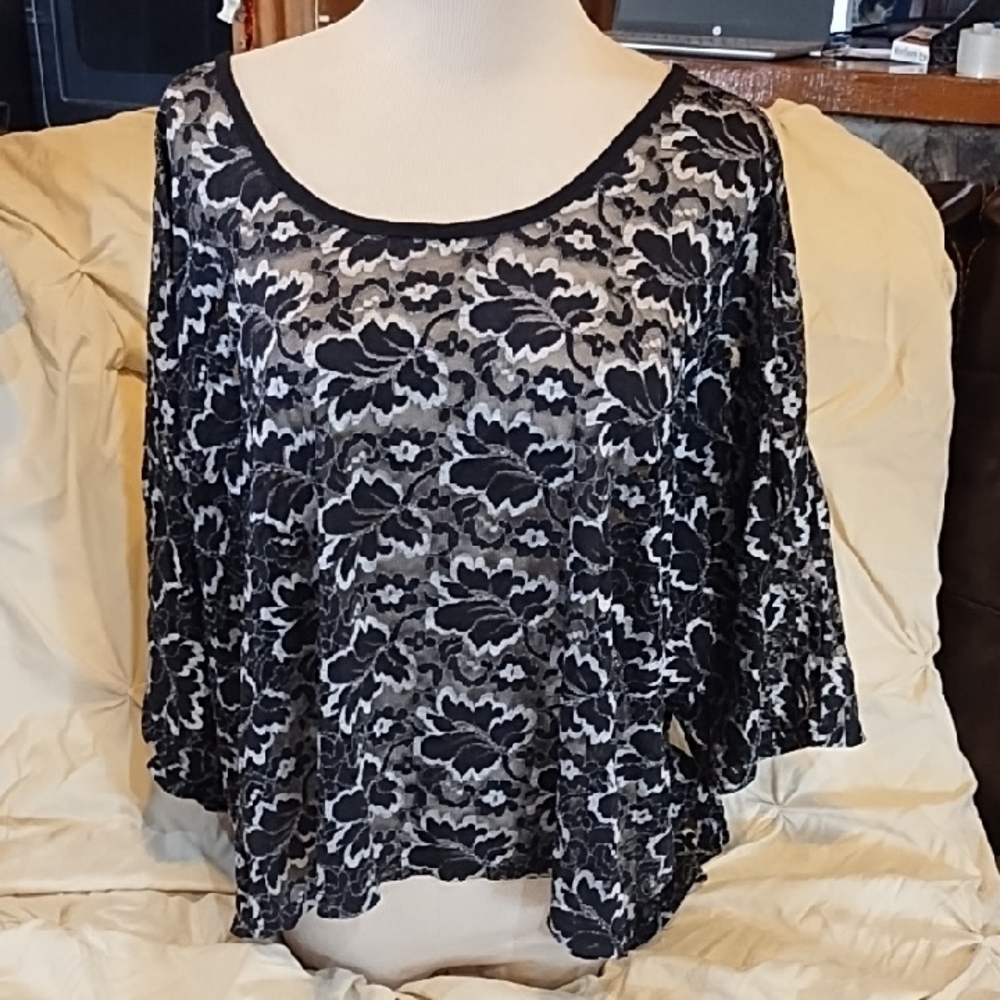 Millau Black and White Floral Sheer Blouse